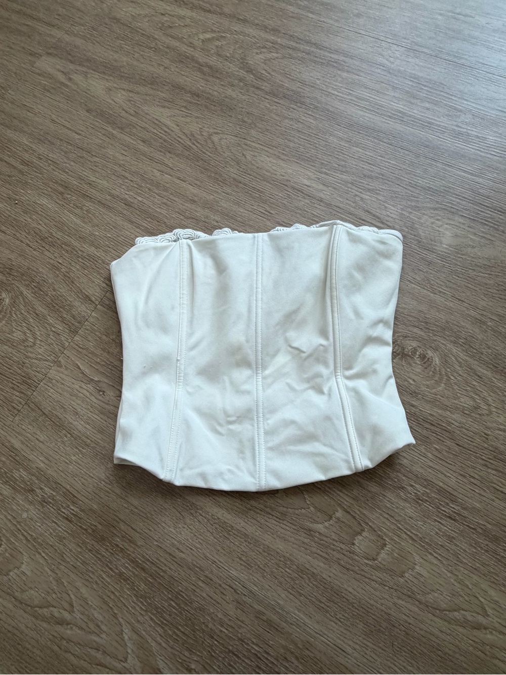White Fox Boutique white strapless corset top lace trim exposed zipper XS